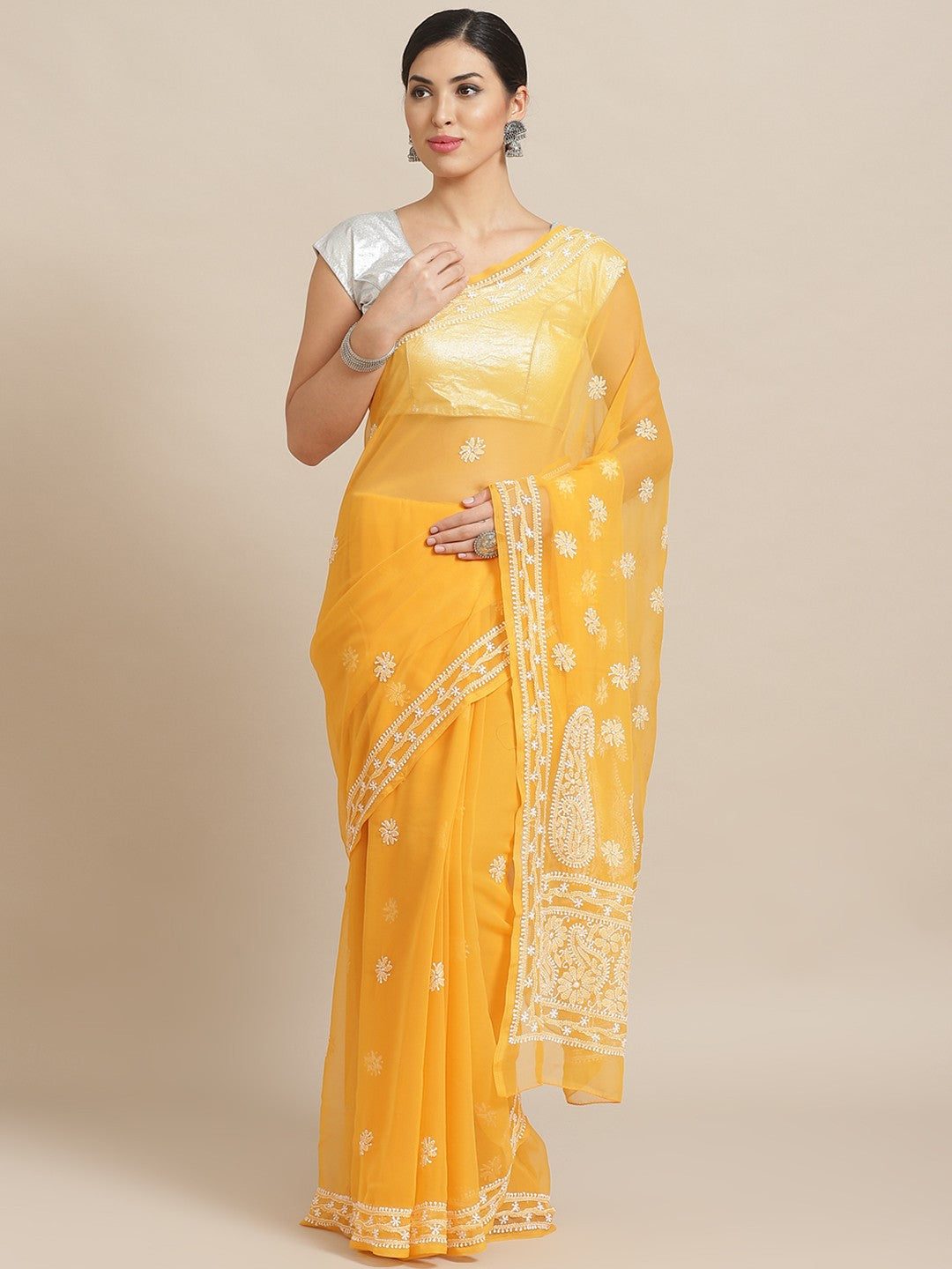 Ada Hand Embroidered Mustard Georgette Lucknow Chikan Saree With Blouse A100571