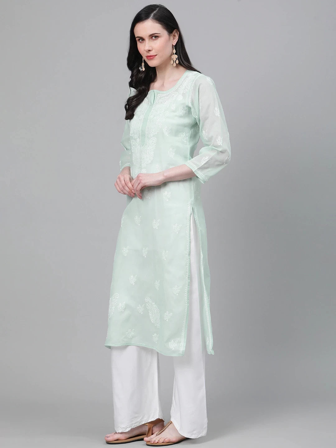 Ada Hand Embroidered Light Pistachio Green Cotton Lucknowi Chikankari Straight Kurta A411138