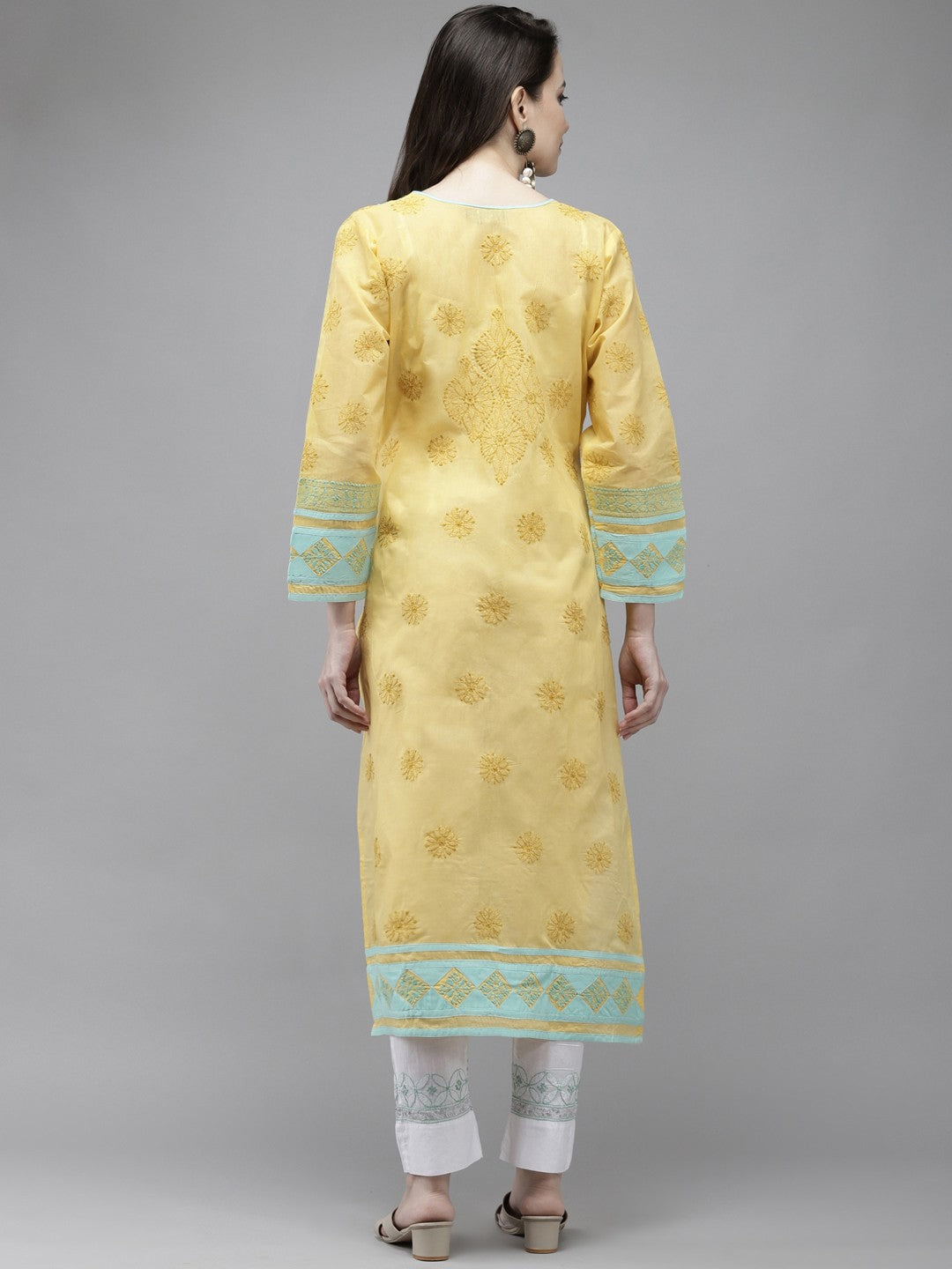 Ada Hand Embroidered Yellow Cotton Lucknow Chikan Kurta- A273547