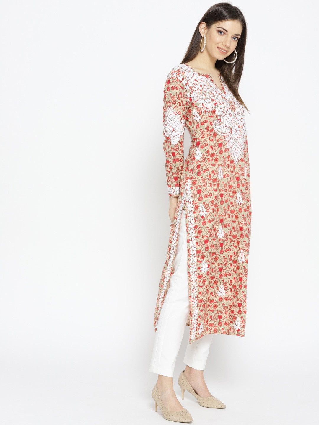 Ada Hand Embroidered Fawn Red Cotton Lucknow Chikankari Kurta- A100030
