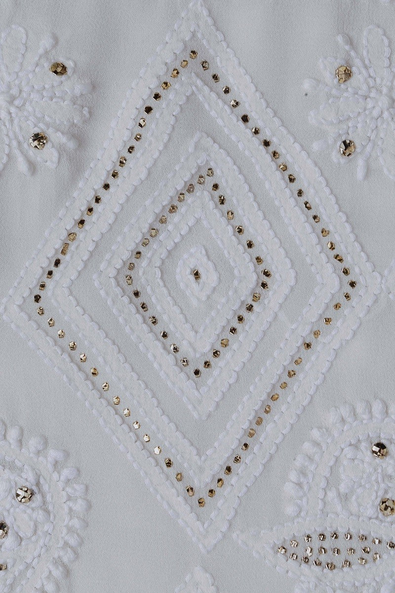 Ada Hand Embroidered White Pure Georgette Chikan Unstitched Kurta Dupatta Set- A589417
