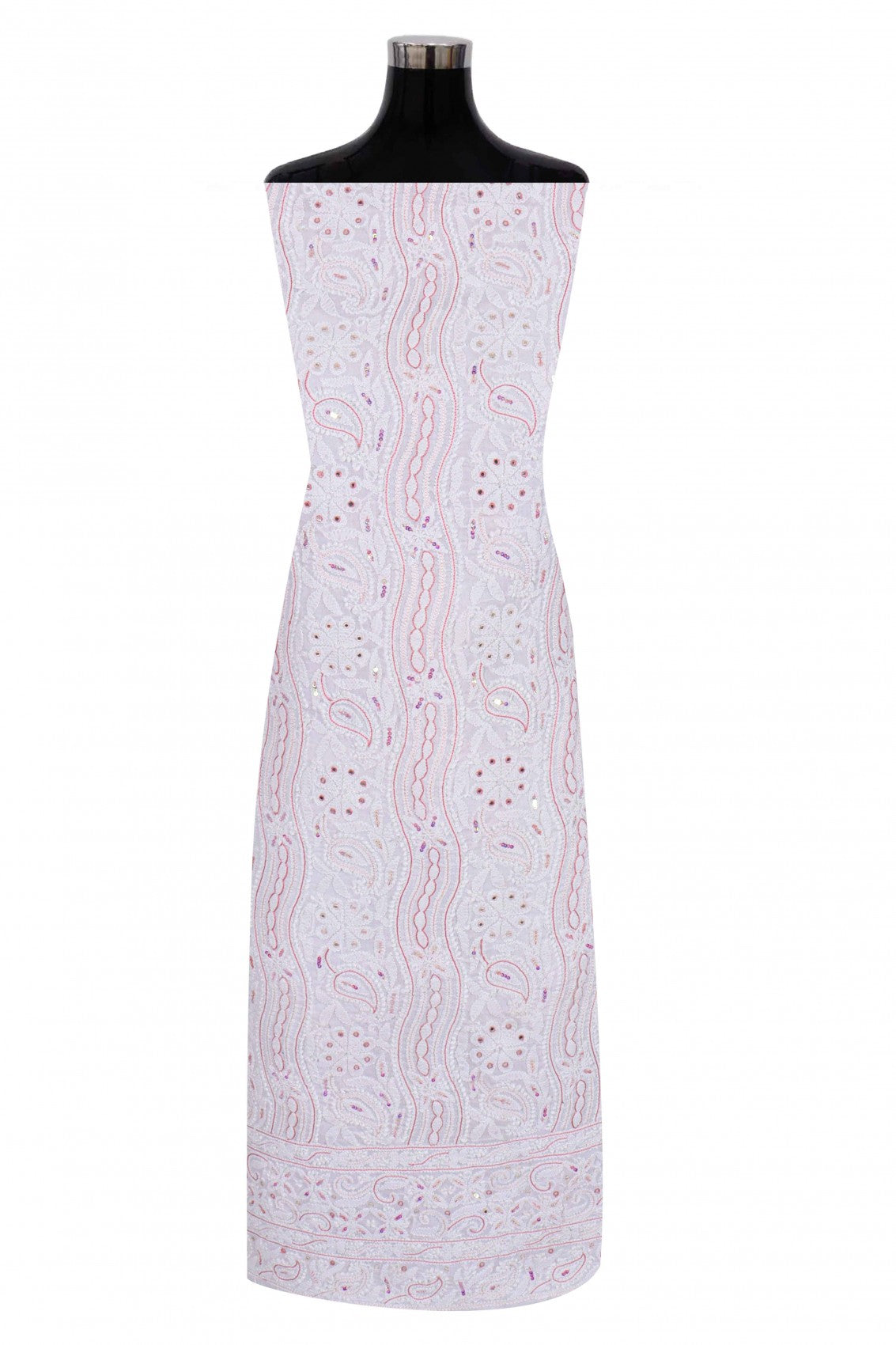 Ada Hand Embroidered White Cotton Lucknowi Chikankari Unstitched Suit Piece With Sequinned Work A100974