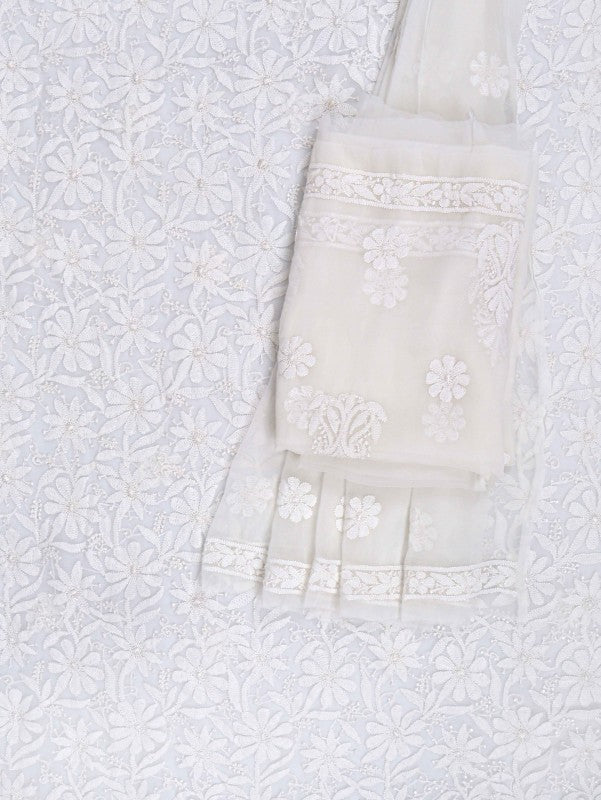 Ada Hand Embroidered White Georgette Lucknowi Chikan Unstitched Suit Piece A611802