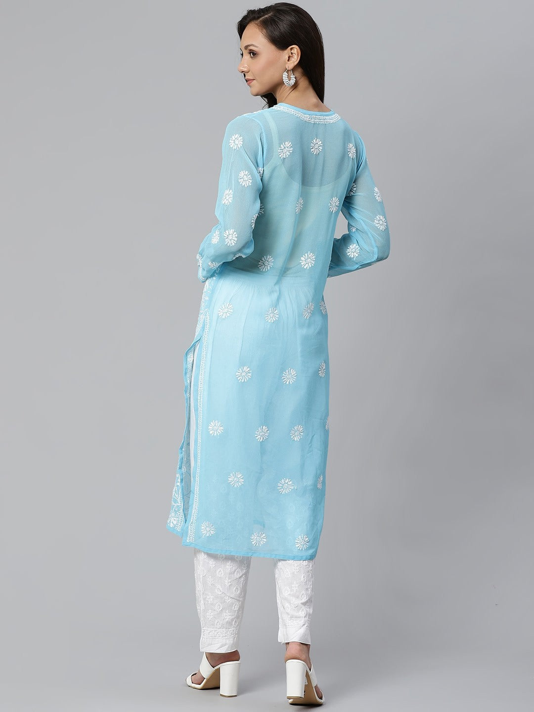 Ada Hand Embroidered Blue Faux Georgette Lucknowi Chikankari Kurta Palazzo Set With Slip A100398