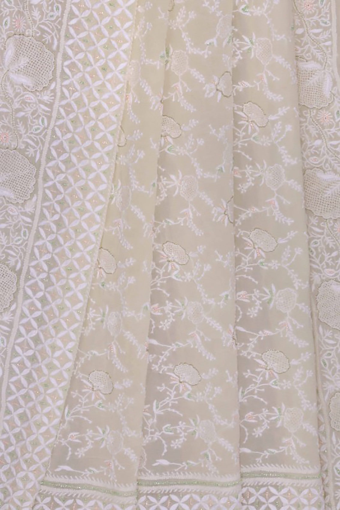 Ada Hand Embroidered White Pure Georgette Lucknowi Chikankari Dupatta With Pearl Work 01A100943