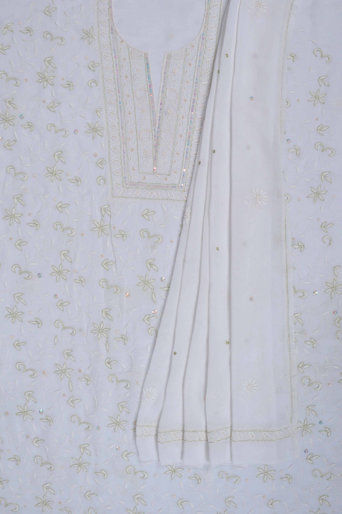 Ada Hand Embroidered White Viscose Georgette Lucknowi Chikankari Unstitched Kurta Dupatta Set With Pearl Work 01A197558