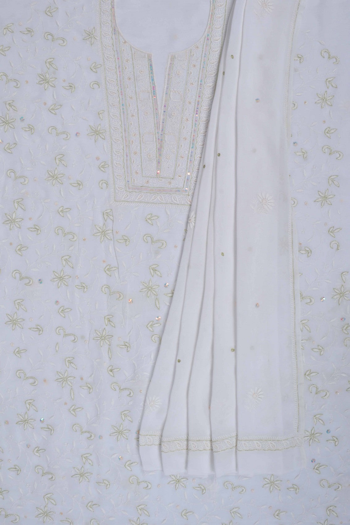 Ada Hand Embroidered White Viscose Georgette Lucknowi Chikankari Unstitched Kurta Dupatta Set With Pearl Work 01A197558