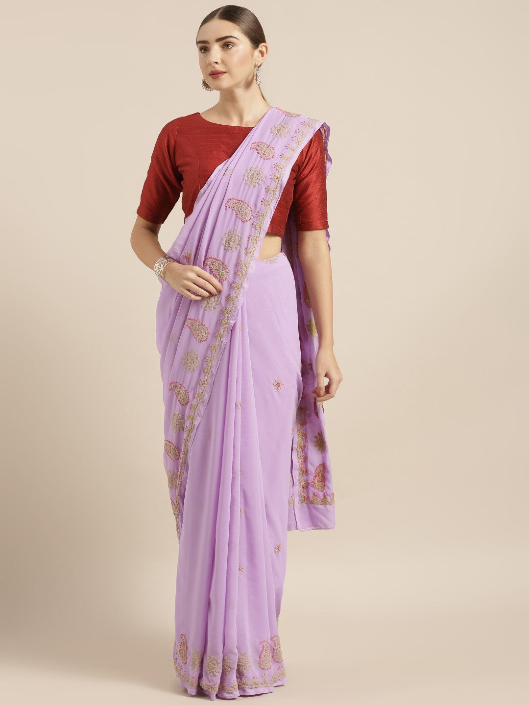 Ada Hand Embroidered Mauve Georgette Lucknow Chikan Saree with Blouse A100214