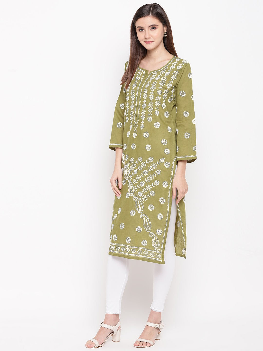 Ada Hand Embroidered Mehndi Green Cotton Lucknow Chikankari Straight Kurta - A100293