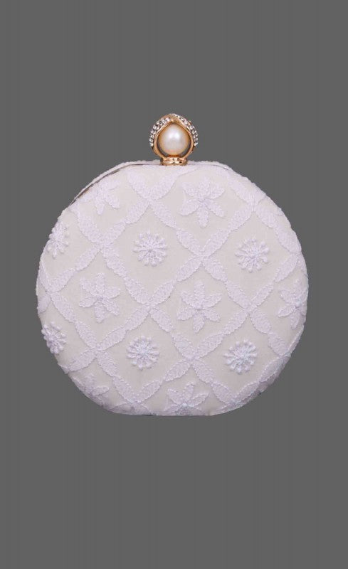 Ada Hand Embroidered White Pure Georgette Lucknow Chikankari Clutch- A548998