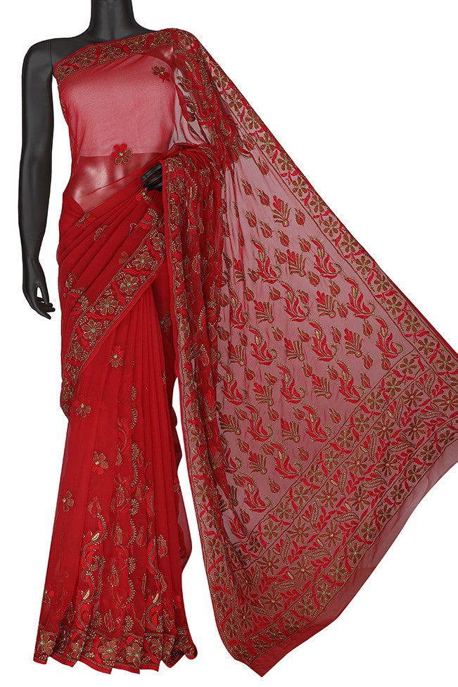 Ada Hand Embroidered Red Georgette Lucknowi Chikankari Saree with Blouse A630390