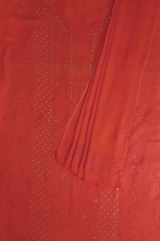 Ada Hand Embroidered Carrot Pink Georgette Lucknowi Chikan Unstitched Kurta Dupatta Set with Muqaish Work A579355