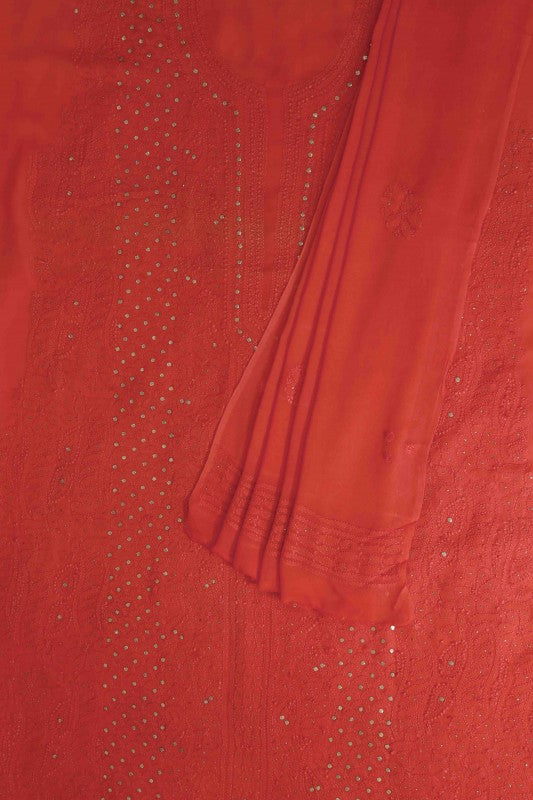 Ada Hand Embroidered Carrot Pink Georgette Lucknowi Chikan Unstitched Kurta Dupatta Set with Muqaish Work A579355