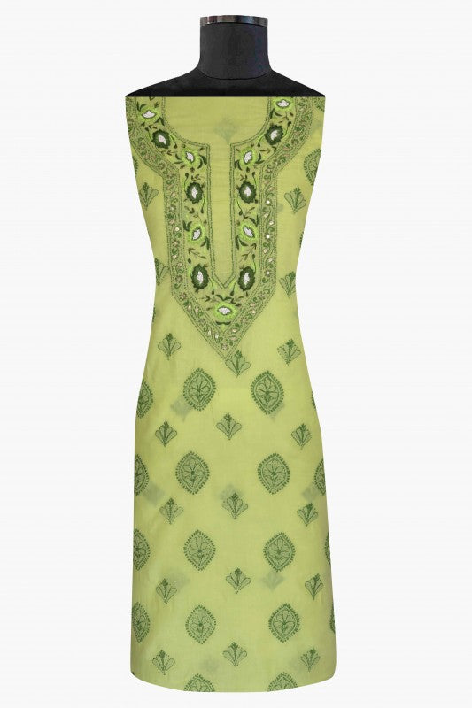 Ada Hand Embroidered Lime Green Cotton Lucknowi Chikan Unstitched Kurta Piece With Gota Patti Work- A268319