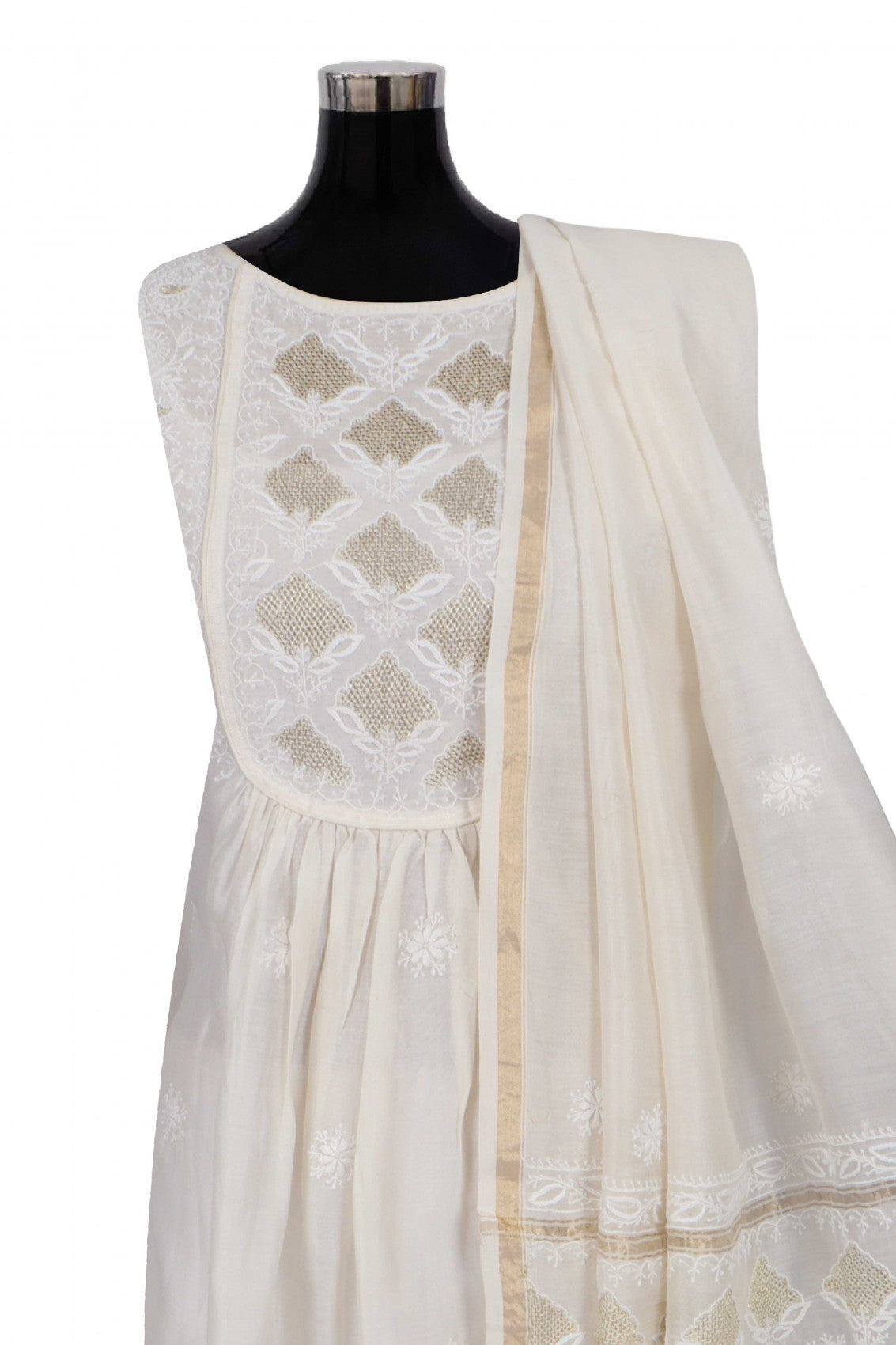 Ada Hand Embroidered Off White Chanderi Lucknowi Chikankari Semi-Stitched Anarkali Kurta Dupatta Set With Zari Work 01A224438