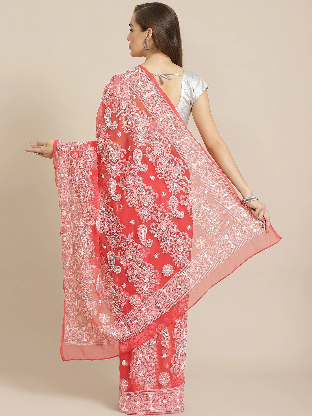 Ada Hand Embroidered Red Georgette Lucknow Chikan Saree with Blouse A311294