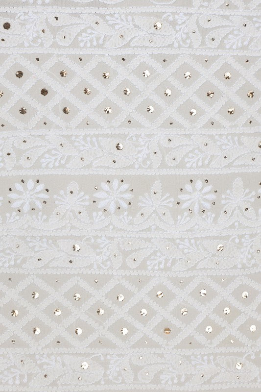 Ada Hand Embroidered White Pure Georgette Lucknowi Chikankari Lehenga Set with Muqaish Work A454707