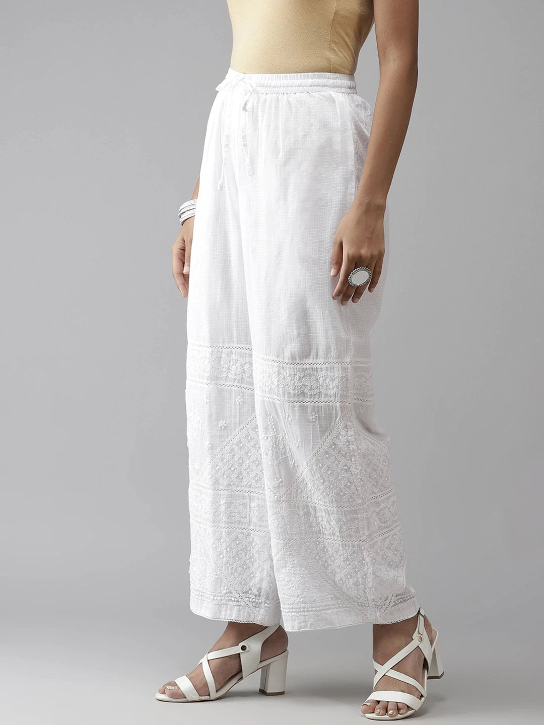 Ada Hand Embroidered White Kota Lucknow Chikan Palazzo A711144