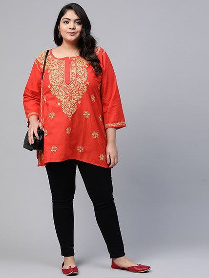 Ada Hand Embroidered Carrot Pink Cotton Lucknowi Chikankari Straight Kurti A250586