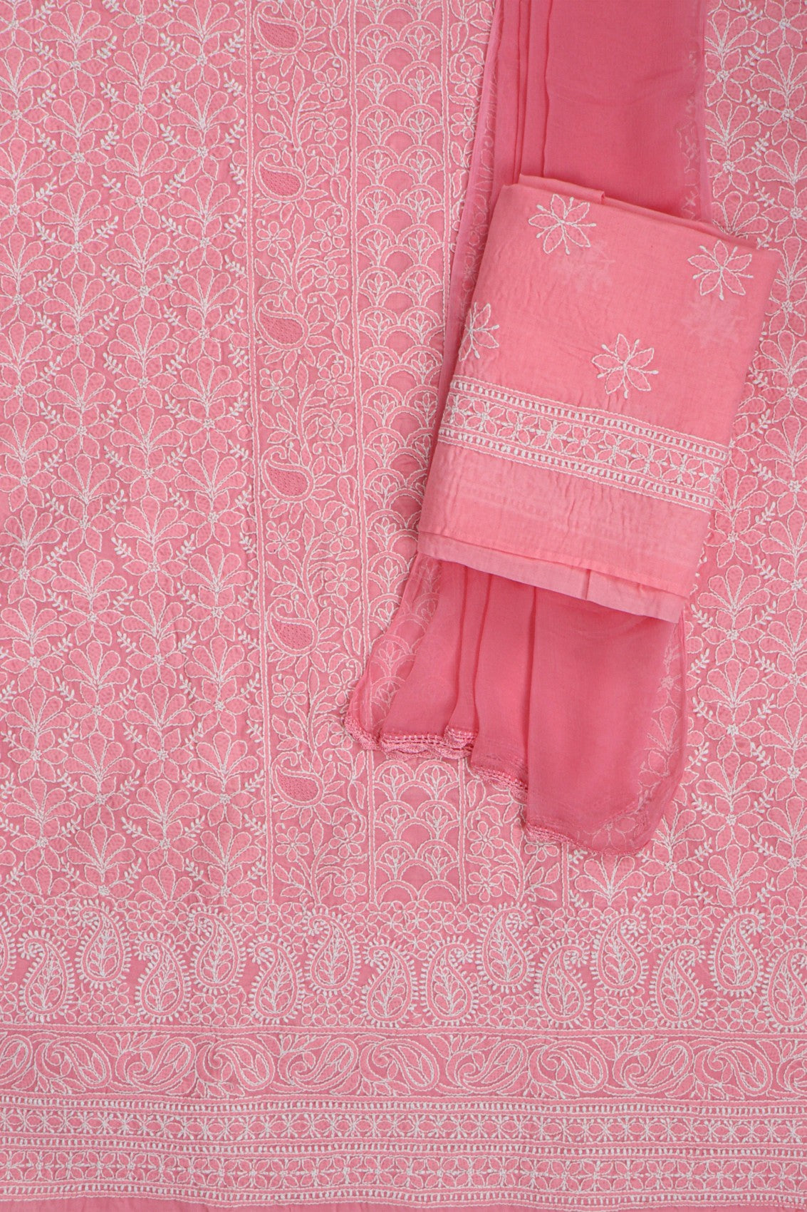Ada Hand Embroidered Salmon Pink Cotton Lucknowi Chikankari Unstitched Suit Piece 01A279321