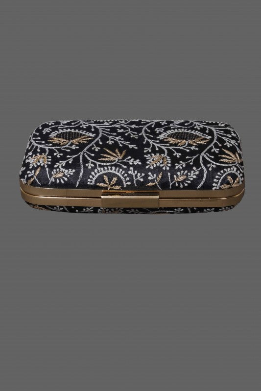 Ada Hand Embroidered Black Silk Lucknow Chikankari Clutch-A601426