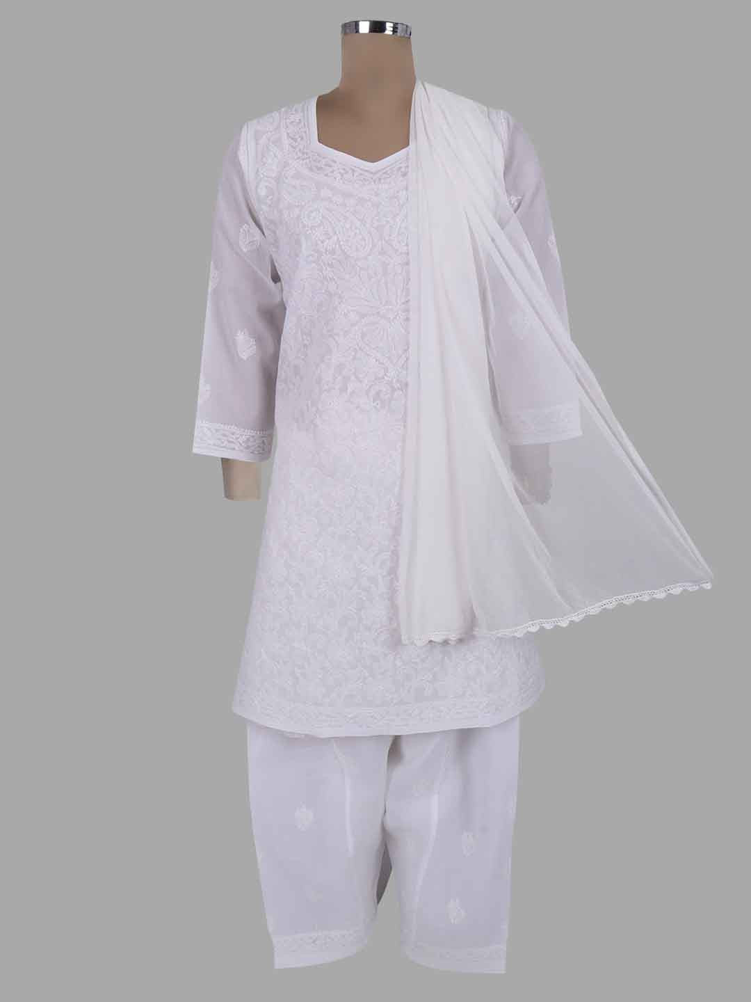 Ada Hand Embroidered White Cotton Lucknowi Chikankari Kurta Dupatta With Salwar Set A599166