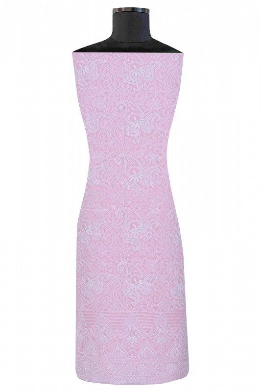 Ada Hand Embroidered Onion Pink Pure Georgette Lucknowi Chikan Unstitched Kurta Dupatta Set with Pearl Work A609230