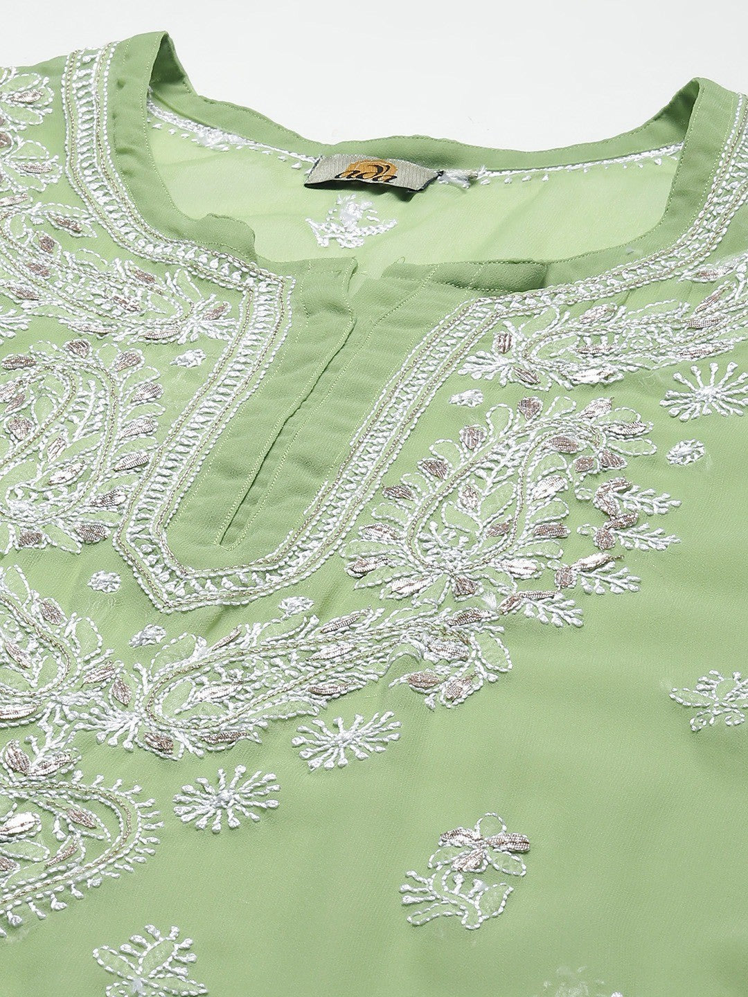 Ada Hand Embroidered Green Georgette Lucknow Chikan Kurta/Slip with Gota Patti Work A411355
