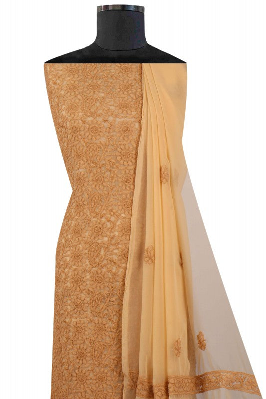 Ada Hand Embroidered Dark Fawn Georgette Lucknowi Chikan Unstitched Suit Piece A608172