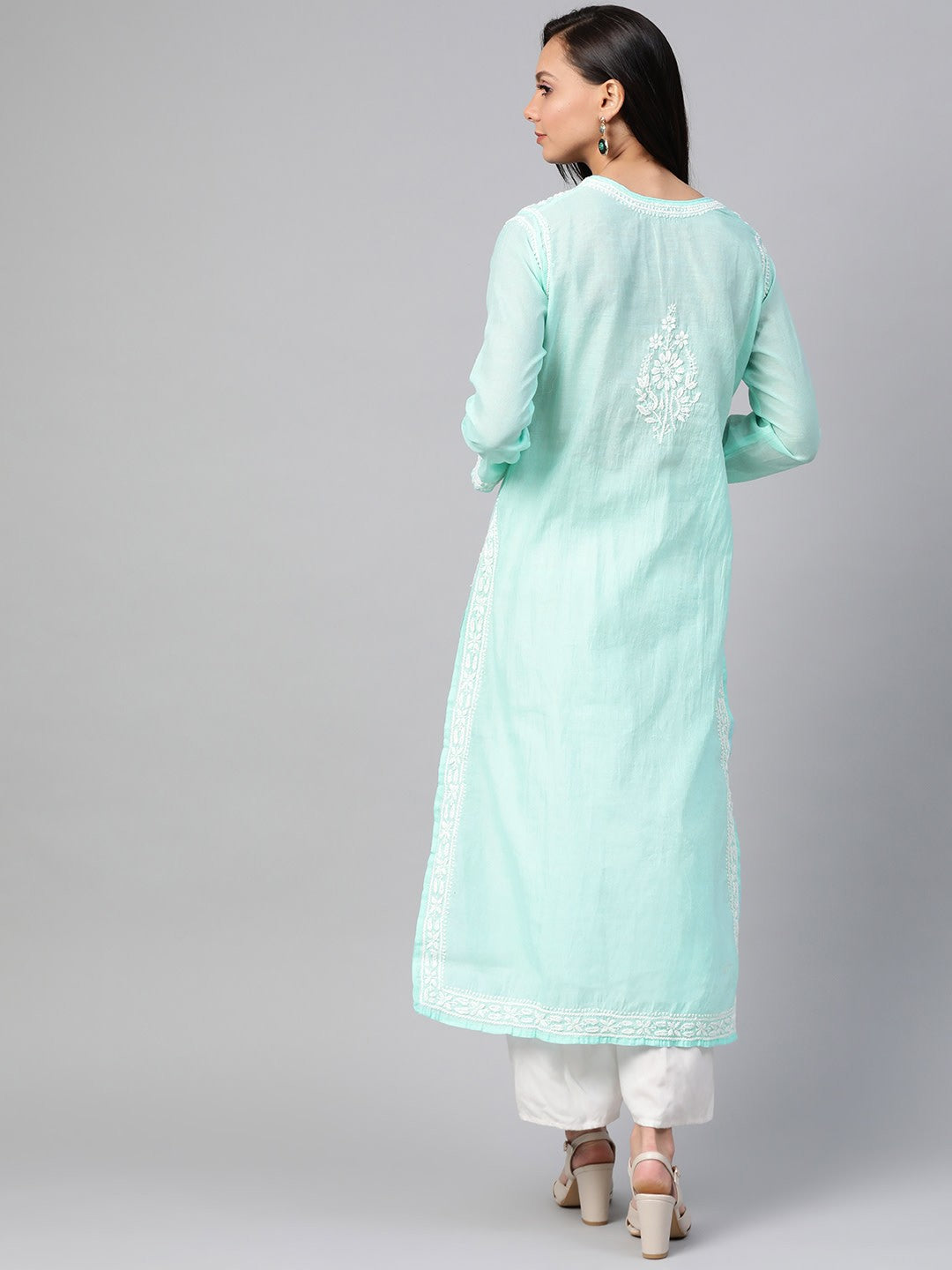 Ada Hand Embroidered Sea Green Chanderi Lucknowi Chikankari Straight Kurta A100483