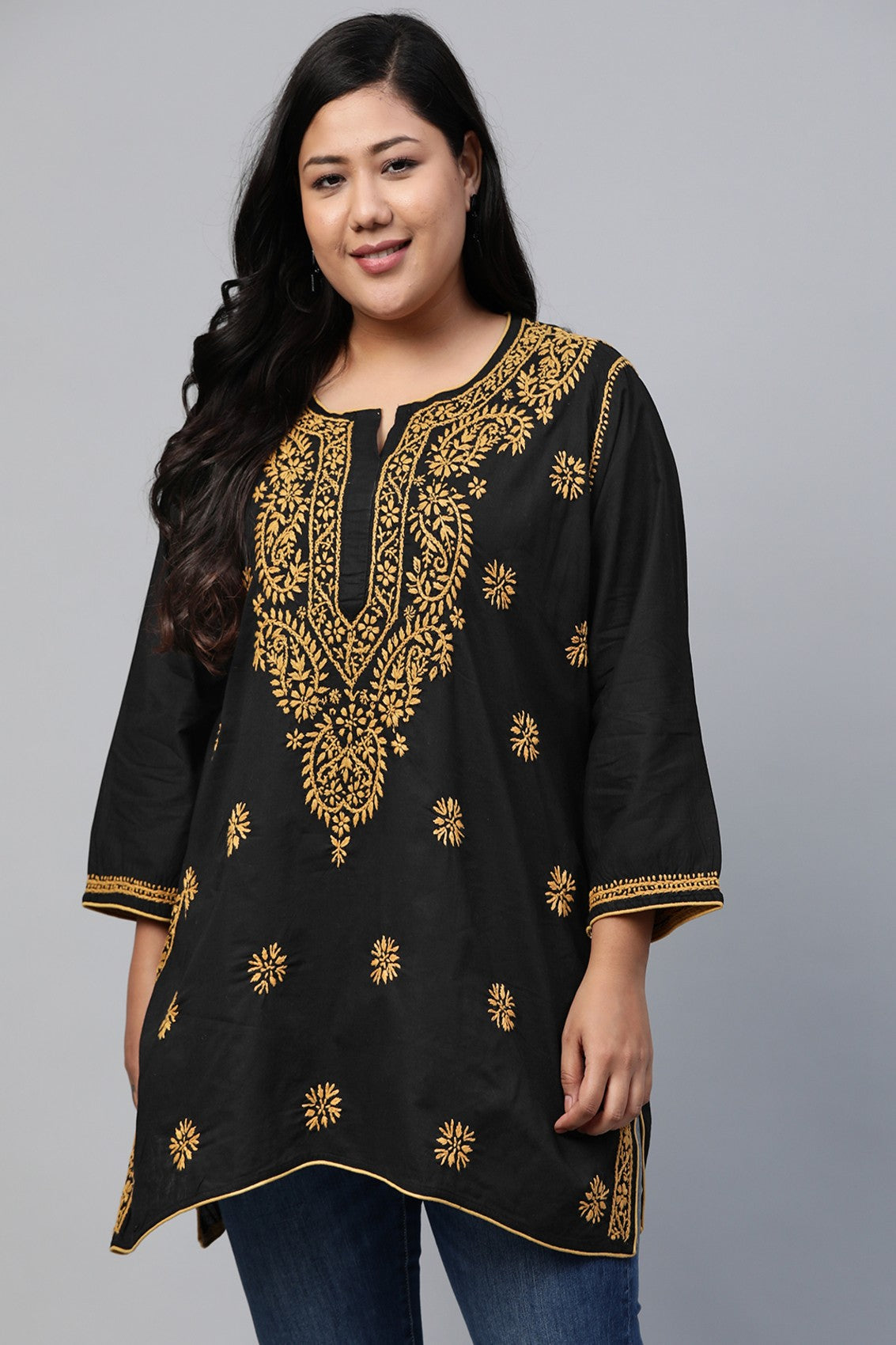 Ada Hand Embroidered Black Cotton Lucknowi Chikankari Straight Kurti A250295