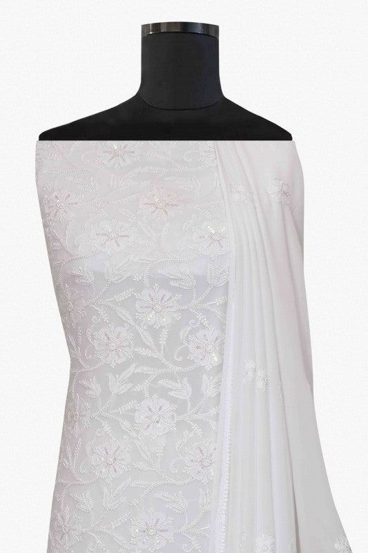 Ada Hand Embroidered White Georgette Lucknowi Chikan Unstitched Kurta Dupatta Set - A586221