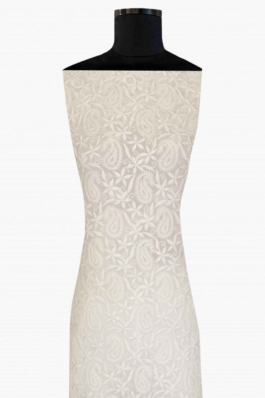 Ada Hand Embroidered White Georgette Chikan Unstitched Kurta Piece A609340