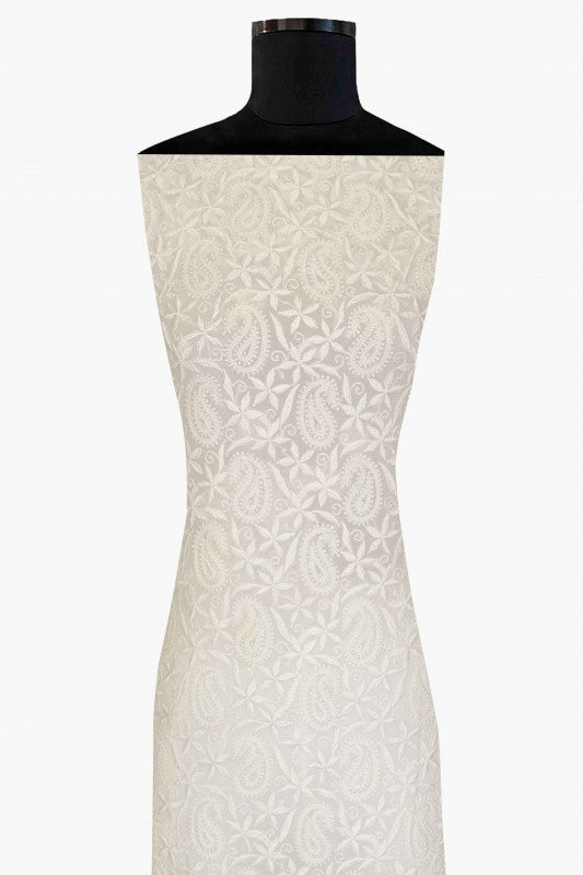 Ada Hand Embroidered White Georgette Chikan Unstitched Kurta Piece A609340