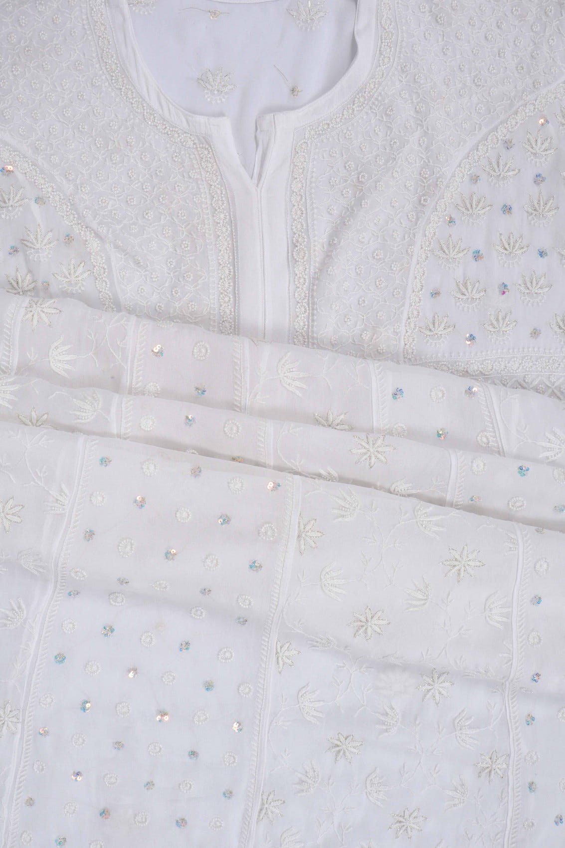 Ada Hand Embroidered White Georgette Lucknowi Chikankari Semi-Stitched Anarkali Kurta Dupatta Set With Pearl Work 01A223203