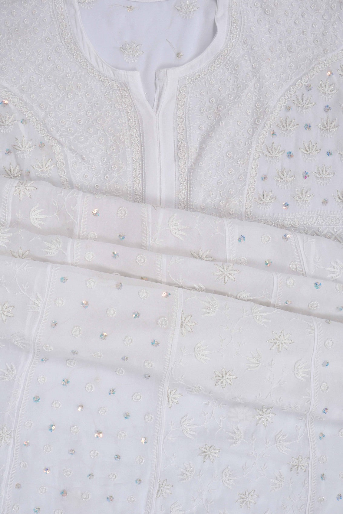 Ada Hand Embroidered White Georgette Lucknowi Chikankari Semi-Stitched Anarkali Kurta Dupatta Set With Pearl Work 01A223203