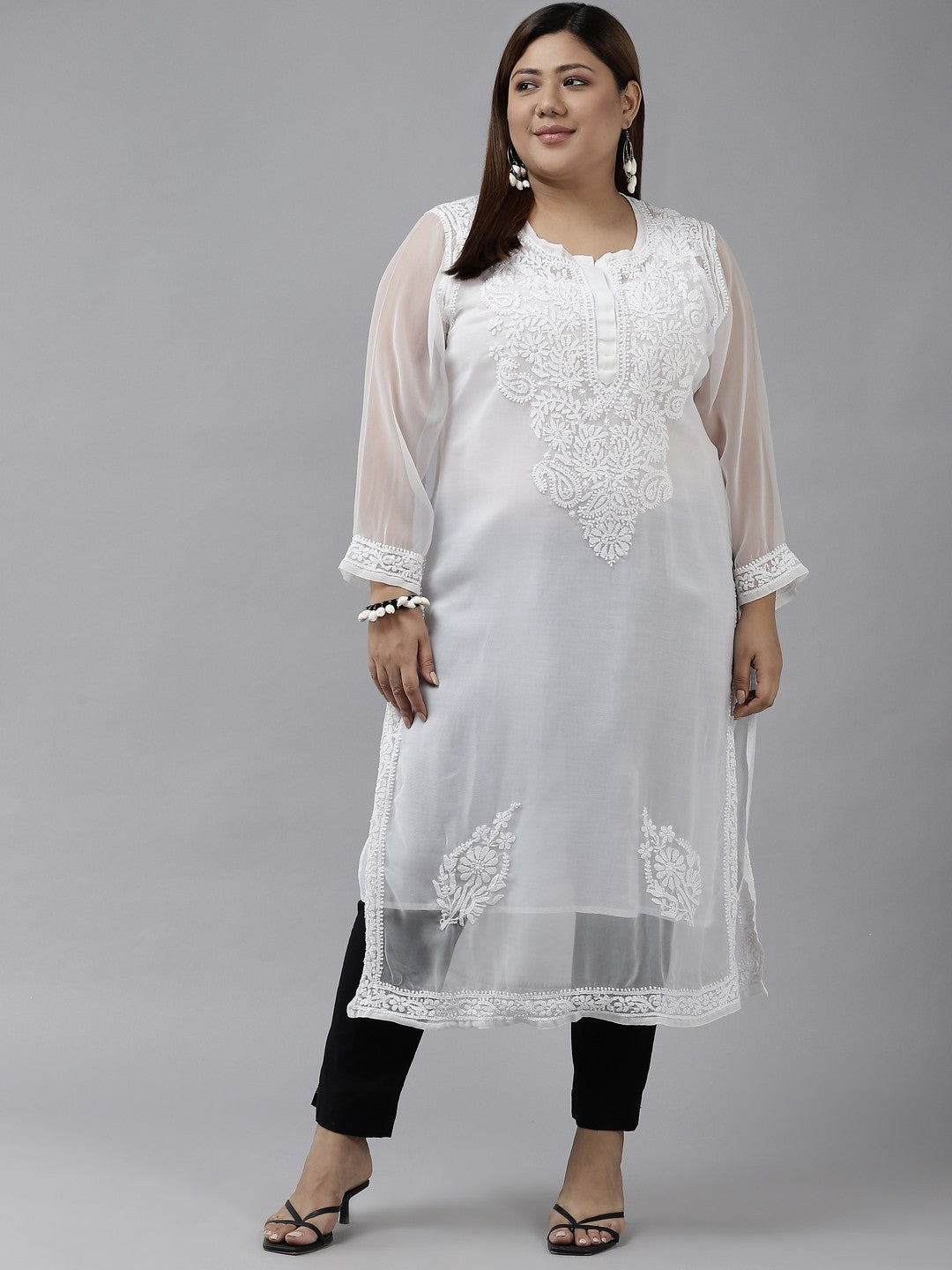 Ada Hand Embroidered White Georgette Lucknow Chikan Straight Kurta With Slip A411296
