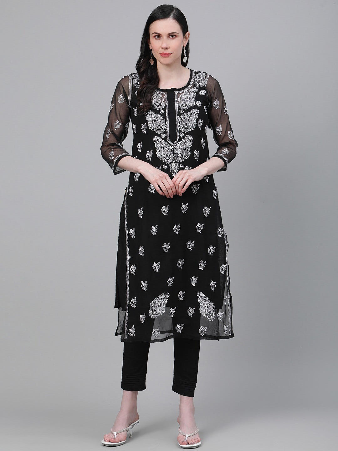 Ada Hand Embroidered Black Georgette Lucknowi Chikankari Kurta Set With Slip A811148