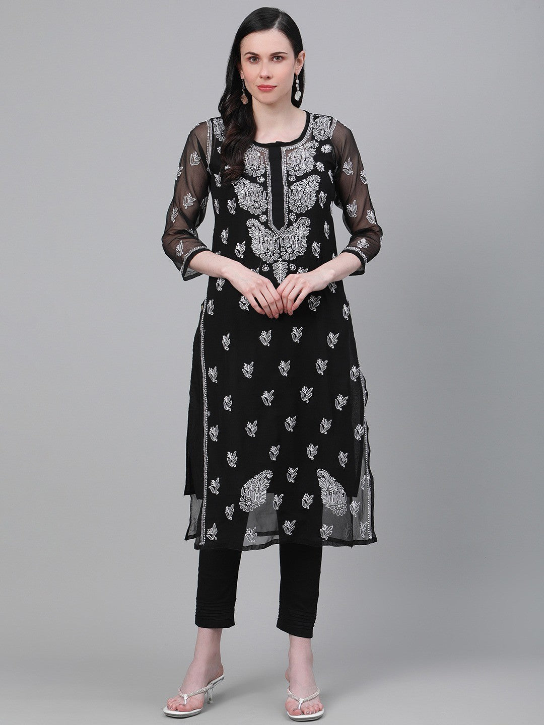 Ada Hand Embroidered Black Georgette Lucknowi Chikankari Kurta Set With Slip A811148
