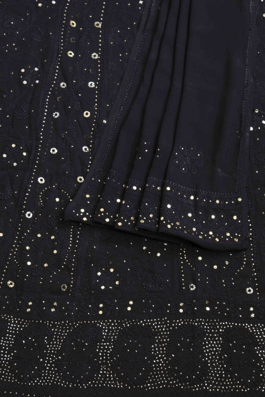Ada Hand Embroidered Black Georgette Lucknowi Chikankari Semi-stitched Anarkali Kurta Dupatta With Muqaish Work – A571878