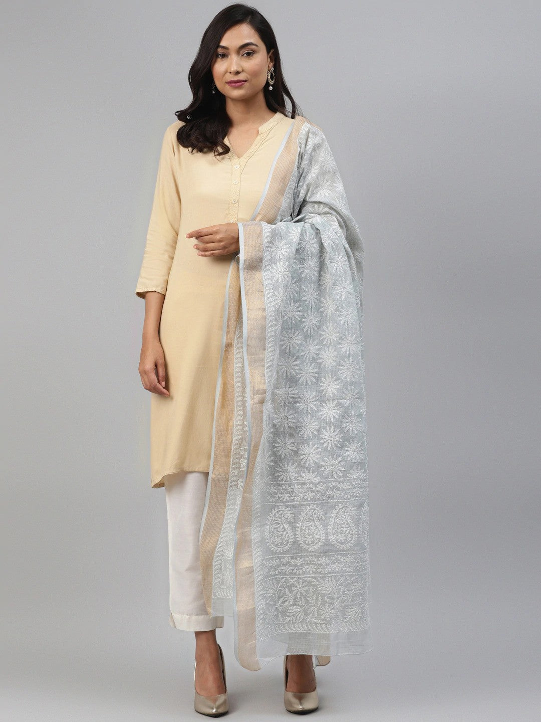 Ada Hand Embroidered Grey Kota Lucknowi Chikankari Dupatta A511166