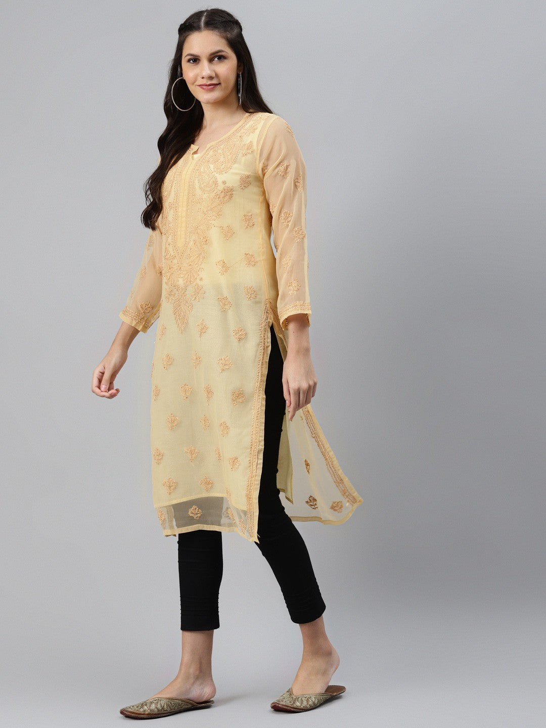 Ada Hand Embroidered Fawn Georgette Lucknowi Chikankari Straight Kurta Set With Slip A811193