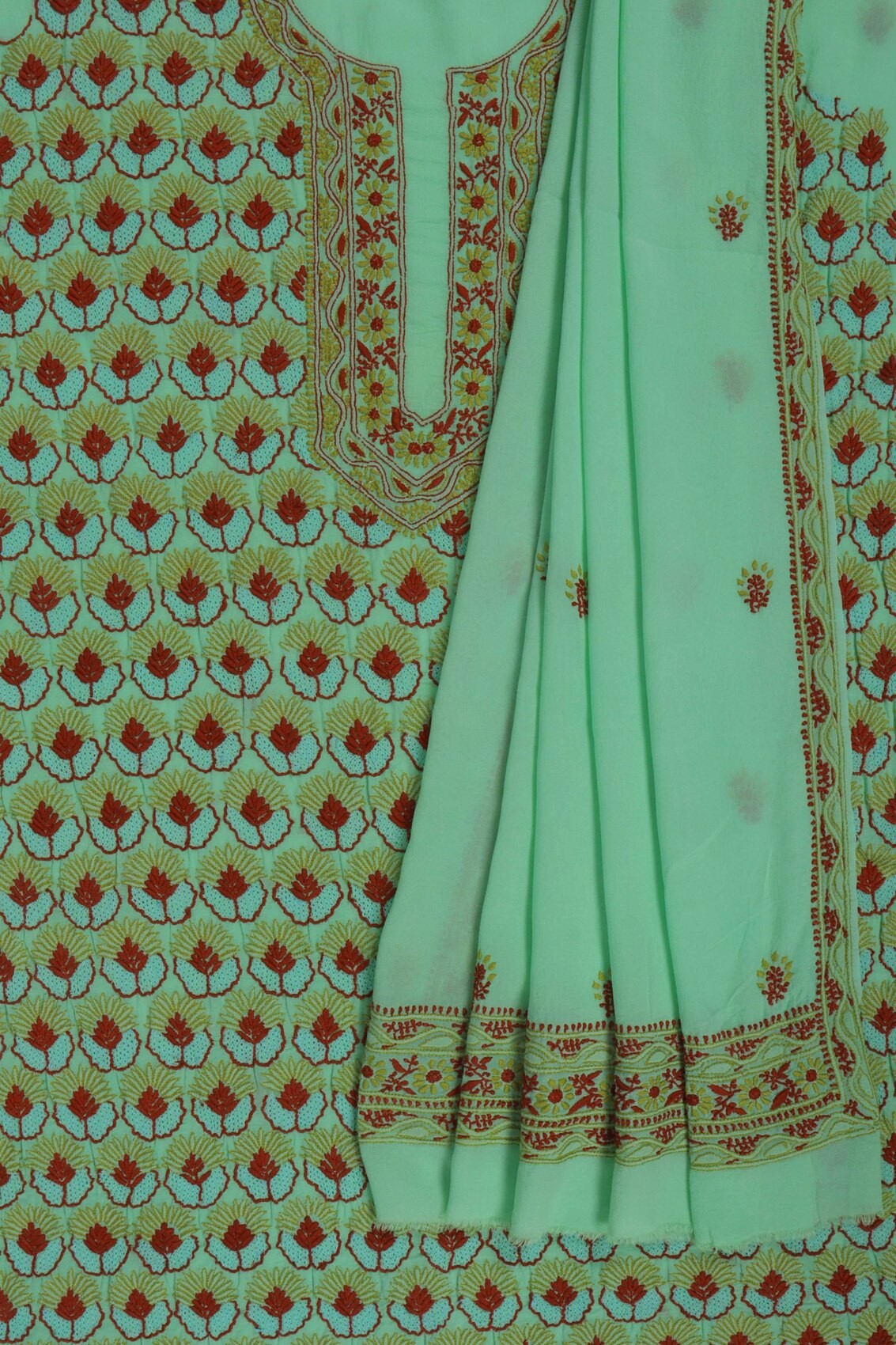 Ada Hand Embroidered Green Pure Georgette Lucknowi Chikankari Unstitched Kurta Dupatta Set A163541