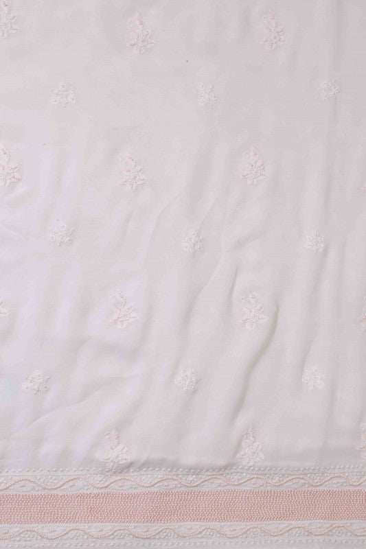 Ada Hand Embroidered White Georgette Lucknowi Chikan Unstitched Kurta Piece with Pearl Work A600525