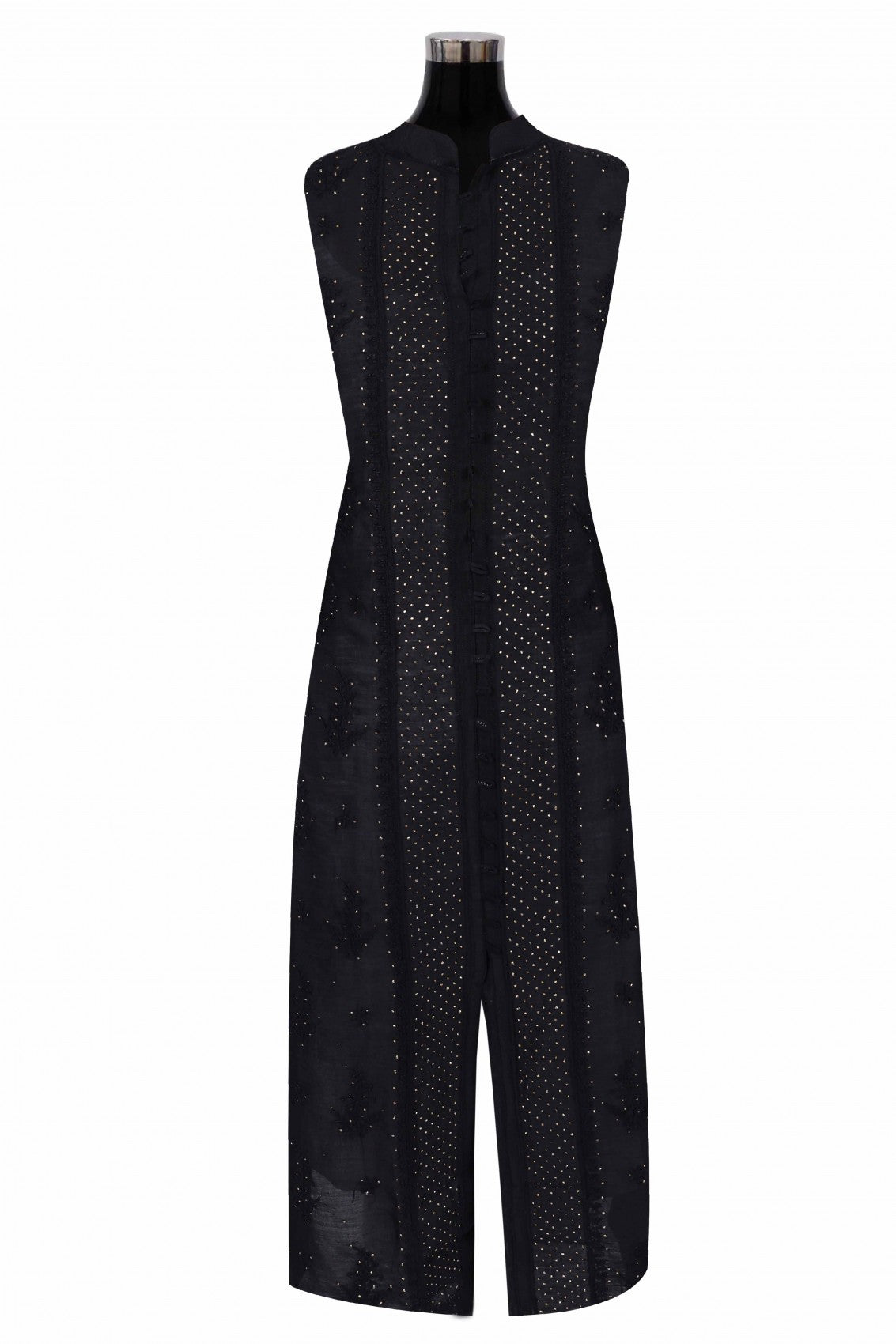 Ada Hand Embroidered Black Chanderi Lucknowi Chikankari Semi-Stitched Anarkali Kurta Piece With Muqaish Work A595347