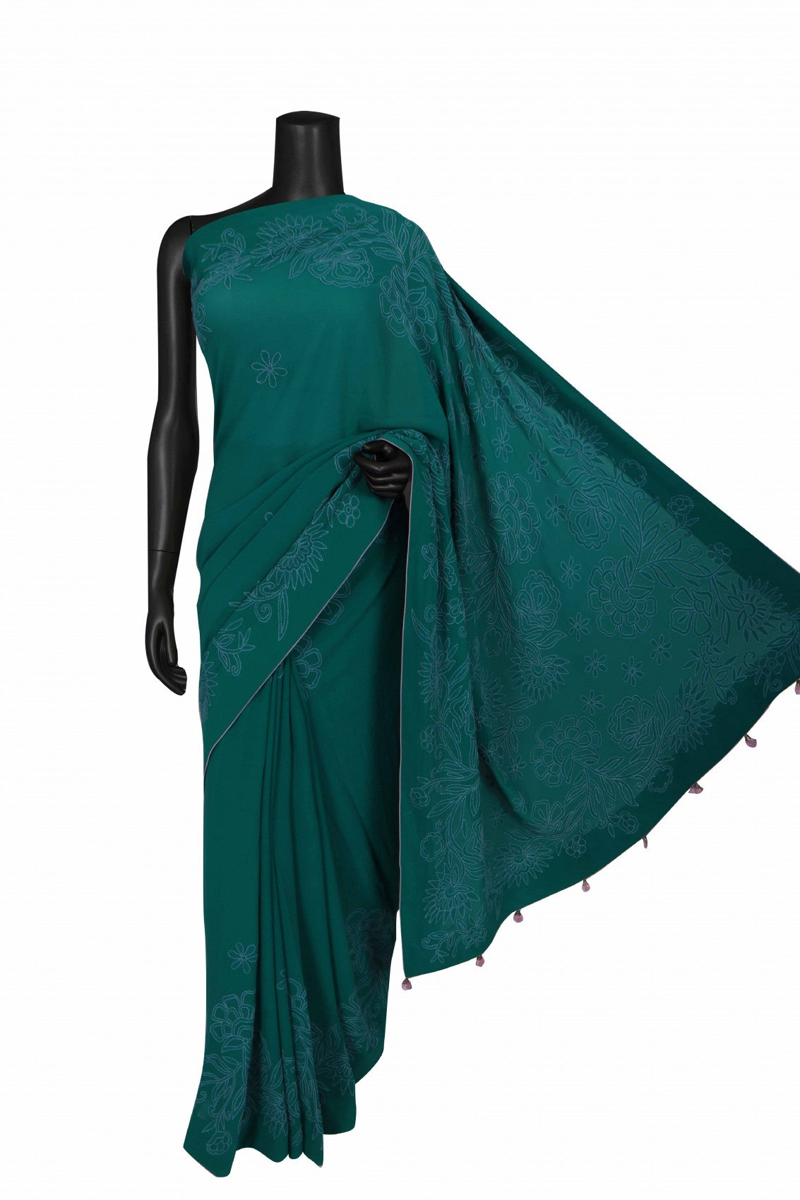 Ada Hand Embroidered Dark Green Pure Georgette Lucknowi Chikankari Saree with Blouse 01A100068