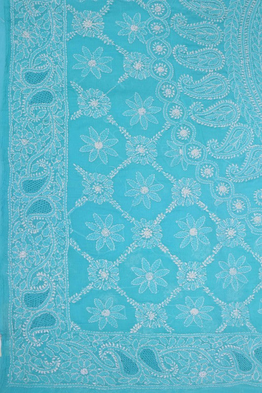 Ada Hand Embroidered Blue Cotton Lucknowi Chikankari Saree With Blouse A543779