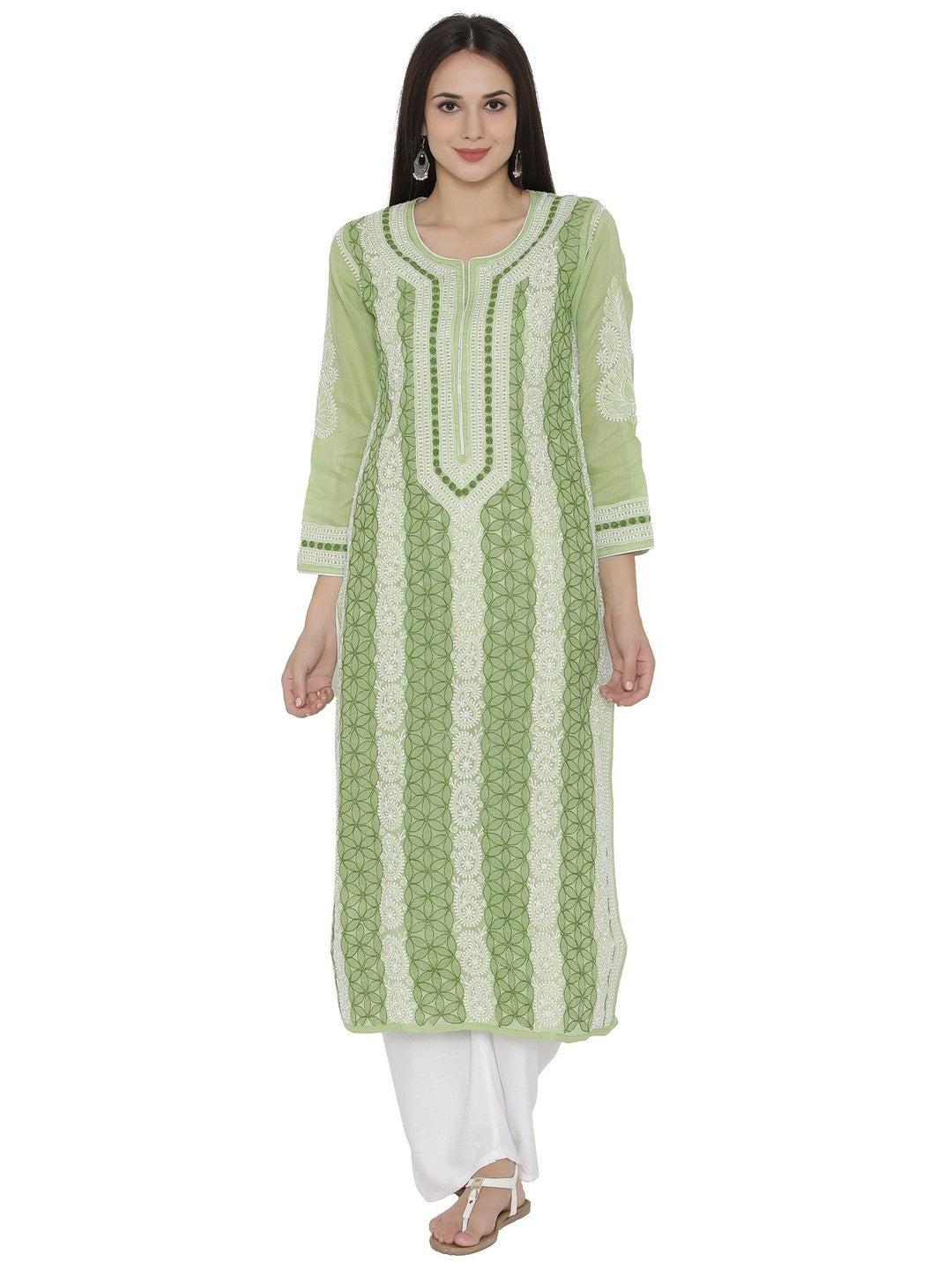 Ada Hand Embroidered Green Cotton Lucknowi Chikankari Straight Kurta A259321