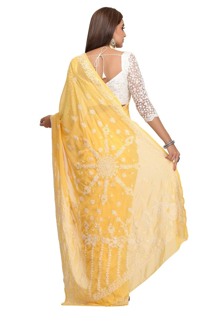 Ada Hand Embroidered Yellow Faux Georgette Lucknow Chikan Saree with Blouse A183593