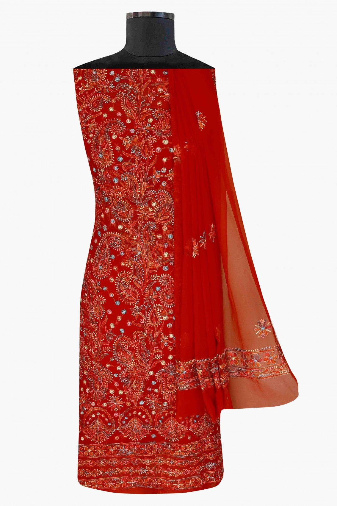 Ada Hand Embroidered Red Georgette Lucknowi Chikankari Unstitched Suit Piece A211176